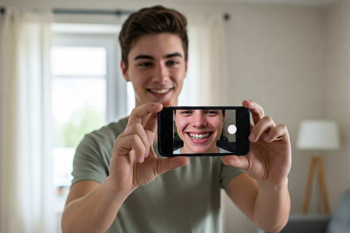 Person holding a cell phone taking a picture of his smile