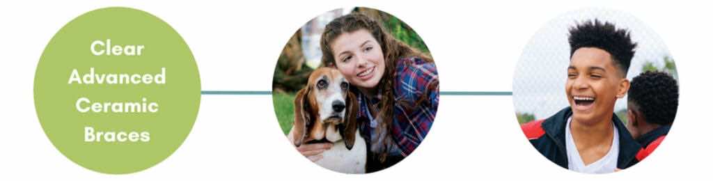 clear advanced ceramic braces: adolescents smiling (girl with dog, boy in front of chain-link