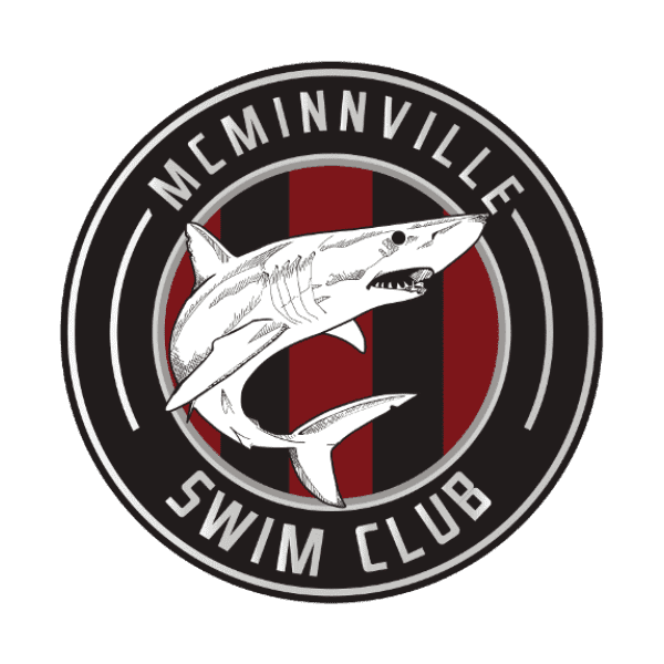 white shark on a maroon and black striped background inside a black circle with McMinnville Swim Club in white letters on it