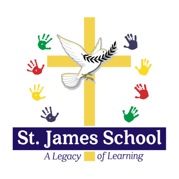 gold cross with dove and feather in front, surrounded by kid's handprints: St. James School A Legacy of Learning